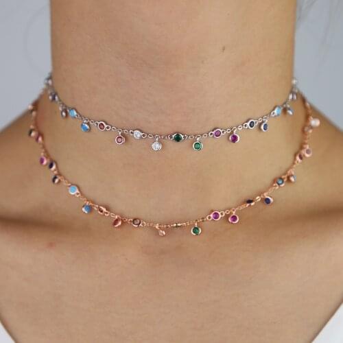 Rainbow cz drop choker necklace trendy women jewelry colorful round cz geometric statement collar fashion