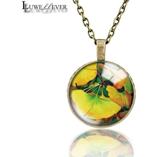 Leaves Necklace 665 25mm Bronze 30mm Wood Rhinestone Double-sided Moon Round Glass Pendant For Women Gift