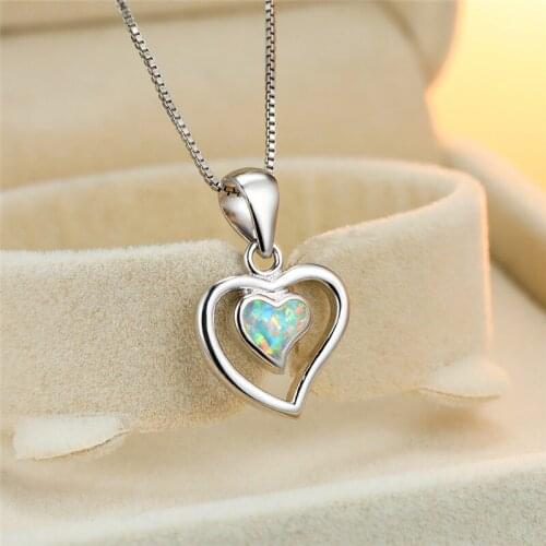 Simple Fashion White Blue Opal Wedding Necklace Cute Heart Hollow Pendant Necklace Dainty Silver Color Chain Necklaces For Women