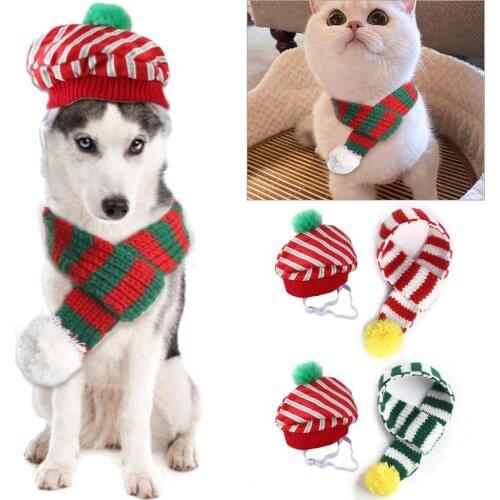 Pet Caps Muffler Stripes Pattern Dress-up Skin Friendly Dogs Cats Knitted Beanie Neckerchief Hat Scarf Kit Christmas Decoration