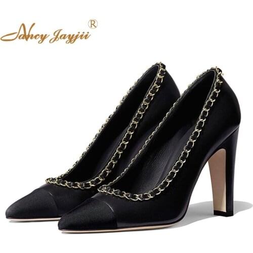 Womens high-heeled shoes spring and autumn set of toe-toe sewing shoes party fashion leisure office metal decoration large size