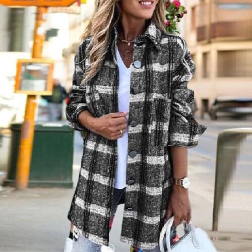 Vintage Women 2021 Long Sleeve Woolen Coats Fashion Ladies Thick Plaid Coat Female Streetwear Elegant Girls Oversize Jacket Chic