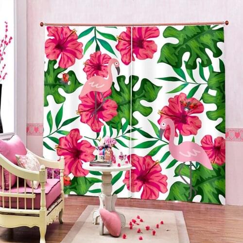 3D Flamingo Plant Print Curtain Adult Bedroom Living Room 90% Shading Fabric Custom Decorative Curtain with Hook Accessories