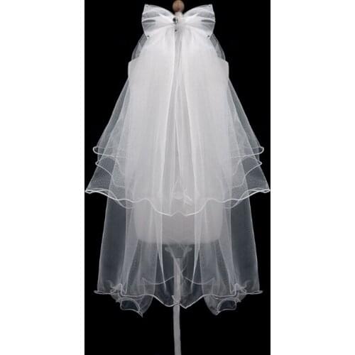 Women Wedding Veil Dress White bowknot Layers Tulle Ribbon Edge Bridal Veils