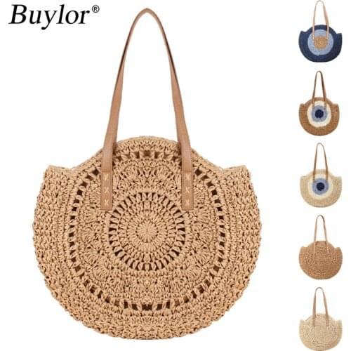 Buylor Summer Round Straw Women Bags Hand-Woven Shoulder Bag Simple Round Beach Handbag Fashion Female Message Tote Bag