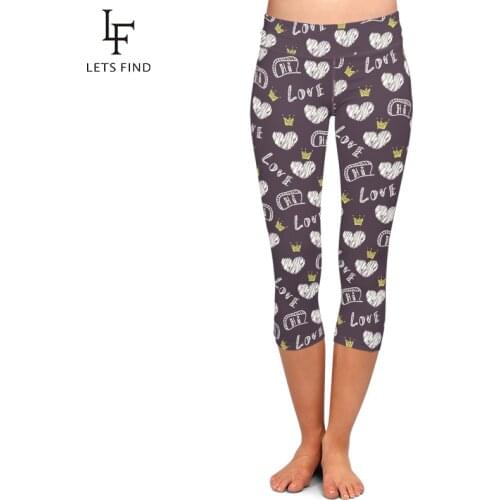 LETSFIND 2019 Summer Women Print Mid-Calf Leggings High Waist Love Design Milk Silk Print Capri Leggings Workout Stretch Pants