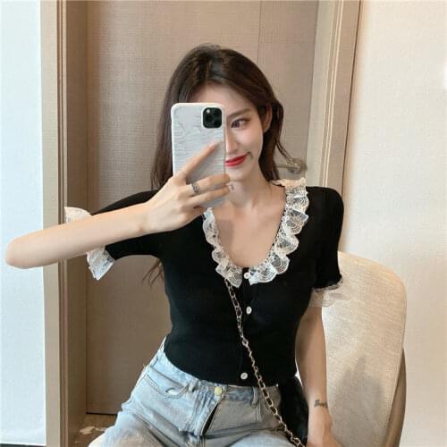 Woman TShirts Knitted Short-Sleeved Summer Lace Stitching Cardigan Womens V-neck Top Crop Top Mujer Camisetas