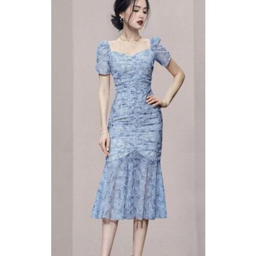 Korean Women Fashion Elegant High Waist Print Trumpet Party Dress Vintage Puff Sleeve Square Neck Summer Maxi Dress Vestidos
