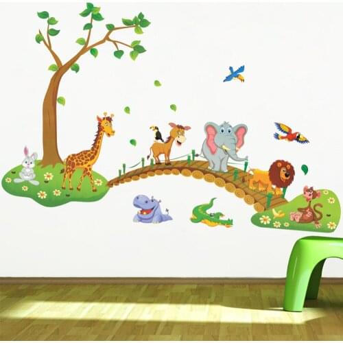 3D Cartoon Jungle Wild Animal Tree Bridge Lion Giraffe Elephant Birds Flowers Wall Stickers For Kids Room Living Room Home Decor