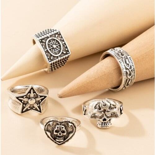 5pcs/set Vintage Antique Silver Color Rings Sets For Women Men Punk Geometry Skull Star Heart Ring Jewelry Anillos