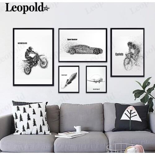 Abstract Transportation Canvas Poster Motorcycle Airplane Car Black and White Gradient Painting Wall Art Modern Home Room Decor