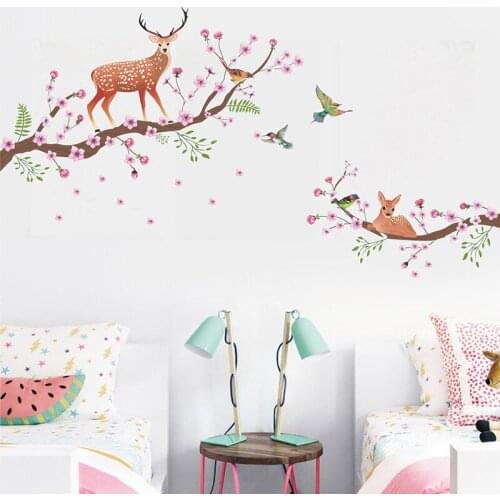 Large Plum Branch Sika Deer Wall Decor Stickers Removable PVC Wallpaper Home Decor Christmas Decoration Vinyl Posters