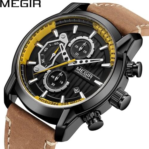 MEGIR New Fashion Mens Watches Waterproof Luminous Sports Wrist Watch Man Leather Chronograph Quartz Wristwatch Reloj Hombre