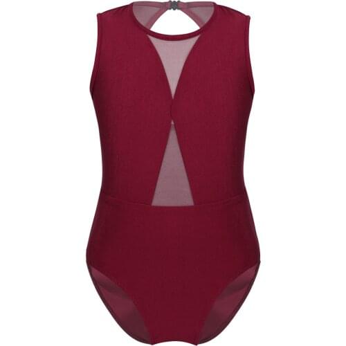 Kids Sleeveless Mesh Splice Keyhole Back Dance Wear Gymnastics Leotards for Girls Ballet Sports Bodysuit for Stage Performance
