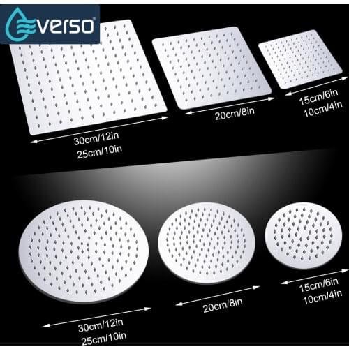 EVERSO 12/10/8/6/4 inch Rainfall Shower Head Stainless Steel Ultra-thin Shower Heads Chrome Finish Round & Square Rain Shower