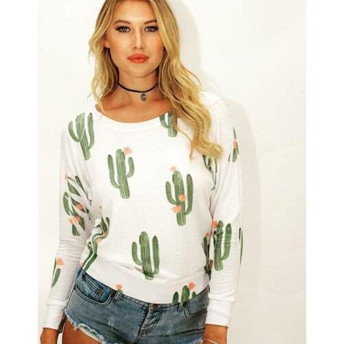 Casual Autumn Women clothing C Loose O Neck tshirt long Sleeve Female Tee Shirts Ladies Cotton Cactus print Tops Femmes Tees