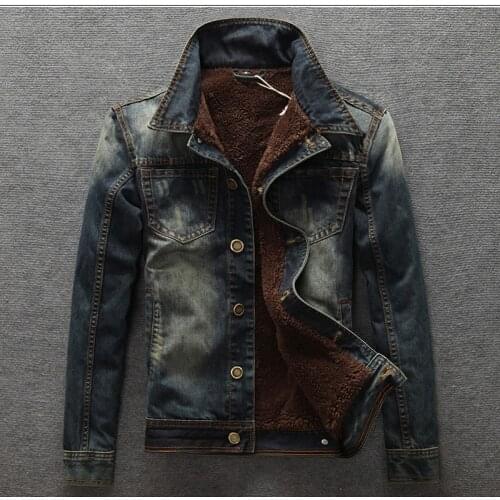 Men Fashion Warm Autumn Winter Jeans Jacket Single Breasted Outerwear Slim Solid Turn down Collar Fleece Thick Coat Hot Clothes
