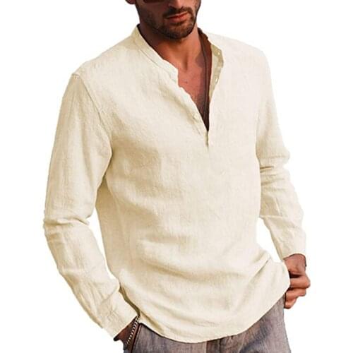 Men’ s New Fashion Cotton Linen Long Sleeve Button Shirt Solid Color Stand Collar Loose Top Smart Casual Blouse Hippie Shirt