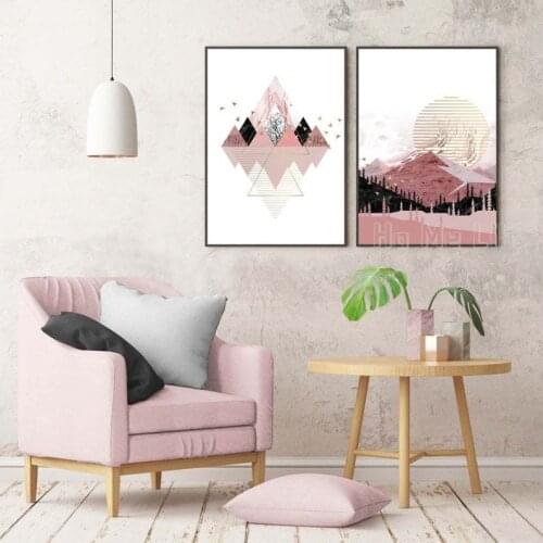 Set Of 2 Scandinavian Abstract Nordic Mountains Geometric Prints Flying Birds Minimalist Blush Pink Gold Art
