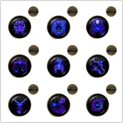 Aries/Taurus/Gemini/Cancer/LEO/Virgo/Libra/Scorpio/Sagittarius/Capricorn/Aquarius/Pisces 12 Constellations Glass Cabochon Brooch