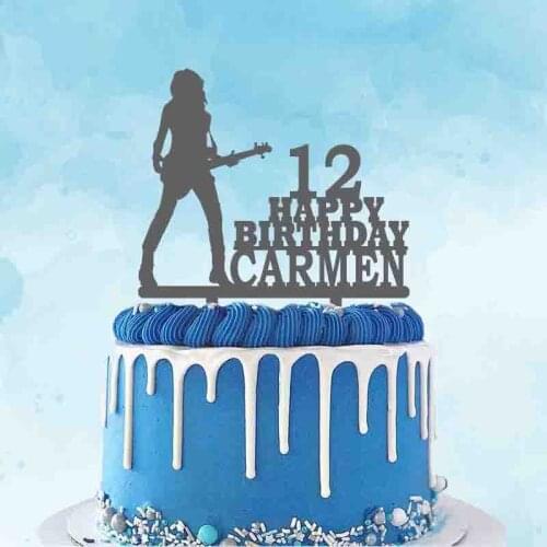 Personalized Guitar Cake Topper Custom Name Age Woman Playing Guitar For Guitarist Birthday Party Cake Decoration Topper