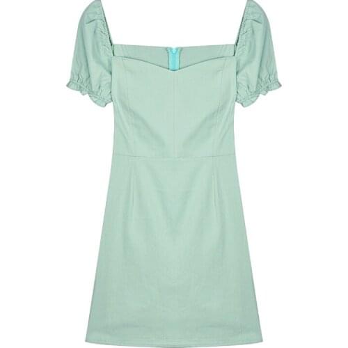 French Summer Sexy Dress WomenMint green solid colorPuff Sleeve Korean Style Fairy Dress Style Kawaii Elegant Dress new 2021