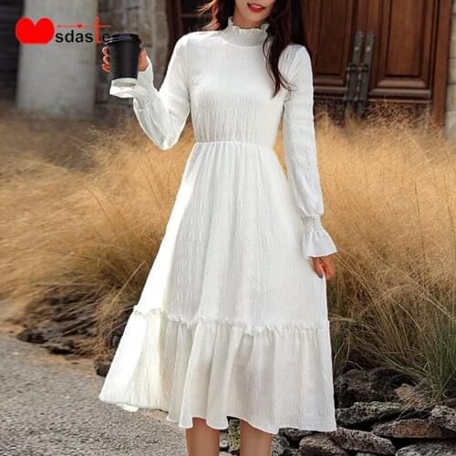 Dresses Women A-line Long Sleeve Lace Woman Dress Tunics Mid-length Ruffles Vestidos Puff Sleeve White Black Casual Woman Dress