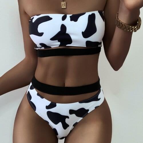 Sexy Push Up Bikinis Set High Waist Swimsuit Swimwear Women 2021 Cow Print Biquini Ribbed Bathing Suits Summer Beachwear #T3G