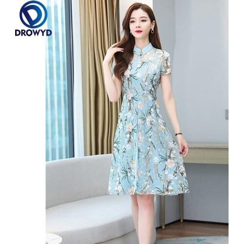 Chiffon Blue Print Dress Female Summer New Women Casual O-Neck Short Sleeve Slim Dress Temperament Holiday Party Dress Vestidos