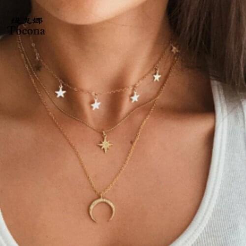 Tocona Charm Moon Necklace for Women 2020 Multi-layer Exquisite Star Chain Chocker Shiny Crystal Stone Party Jewelry 14413