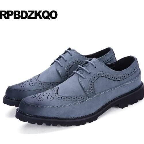 Italy Office Lace Up Wedding Business Casual Men Shoes Pointed Toe Prom British Style Vintage Wingtip Dress Party Oxfords Blue