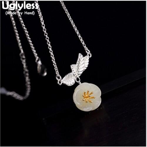 Uglyless 100% Real 925 Sterling Silver Handmade Leaf Pendants With Chain Natural Jade Flower Chokers Ethnic Necklaces Fine Jewel