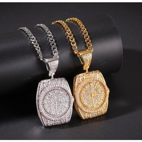 Hip Hop AAA CZ Stones Bling Ice Out Wristwatch Watch Shape Pendants Necklace for Men Rapper Jewelry Gold Color with cuban chain