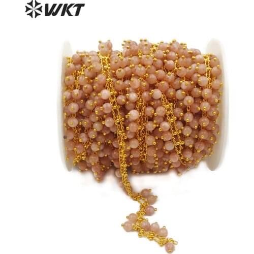 WT-RBC104 WKT!!! strawberry cirtine quartz long beads Chain natural stone with gold Chain women Jewelry Brass Chain