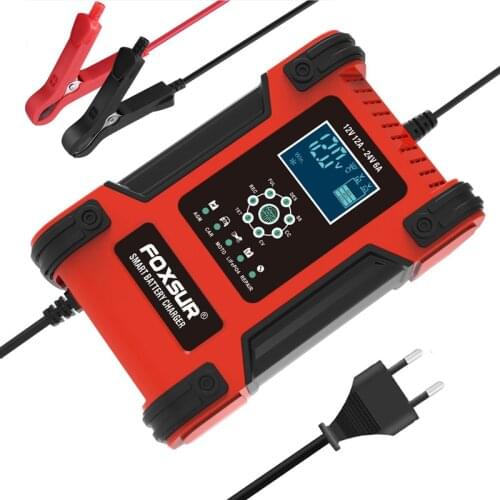 FOXSUR 12V 12A 24V 6A Battery Charger LCD Display, Motorcycle & Car Battery Charger, 12V AGM GEL WET Lead Acid Battery Charger