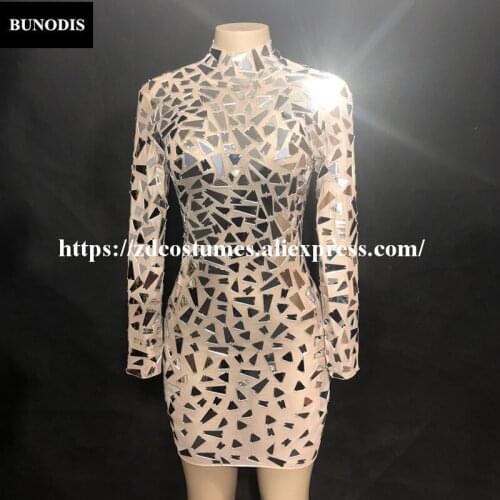 ZD408 Women Sexy Net Yarn Skirt Full Of Small Silver Sparkling Mirrors Nightclub Party Stage Wear Dancer Singer Bling Costumes