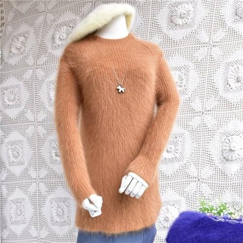 Top mujer femme slim hairy warm real angora rabbit fur o-neck long sleeves basic pullover sweater mink cashmere blouses winter