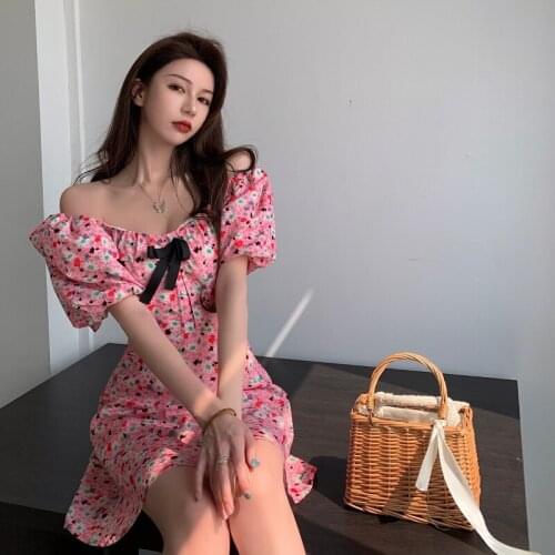 Floral Dress Female Bubble Sleeve Bow Knot Waist Short-sleeved Skirt 2021 Summer New Style Square Neck Temperament Short Skirt
