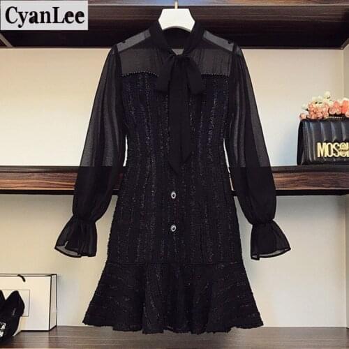 Cyanlee plus size women autumn office ladies dress sexy mesh Flared sleeves patchwork black vintage party autumn dresses 2020