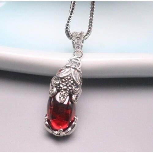 Real 925 Silver Necklace for Women Red Garnet Lucky Pixiu Lucky Pendant Wheat Chain Necklace Jewelry 20inch New