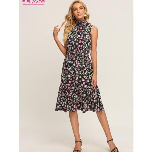 S.FLAVOR Women High Collar Sleeveless Summer Dress Bohemian Flower Print A-line Sundress Female Chic Midi Vestidos Clothes