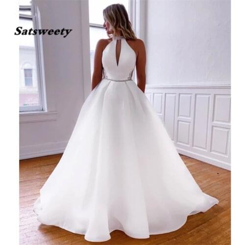 A Line White Organza Wedding Dresses 2021 Simple Heyhole High Neck Crystals Bridal Gowns robe de mariage with Pockets