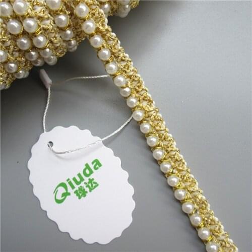 2yard 15mm Pearl Beaded Cotton Gold Lace Trim Ribbon Tape Embroidered Fabric Sewing Craft For Wedding Dress Costume Decoration