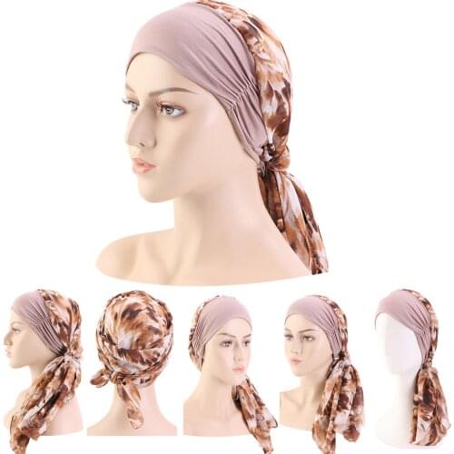 2021 Indian Durag Hat for Women Modal Cotton Wide Brim Headband Chiffon Ribbon Scarf Wrap Pirate Hats National Baotou Hat Hijabs