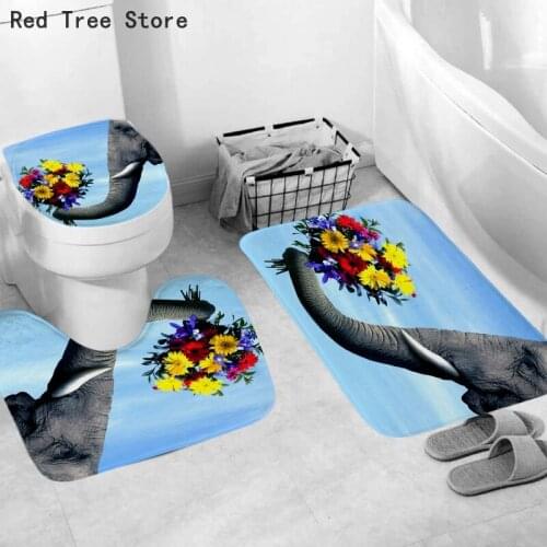 3pcs/set Classic Printed Bath Mats Elephant Animal Rug Non Slip Toilet Lid Cover Bathroom Kitchen Carpet Pad Supplies Textile