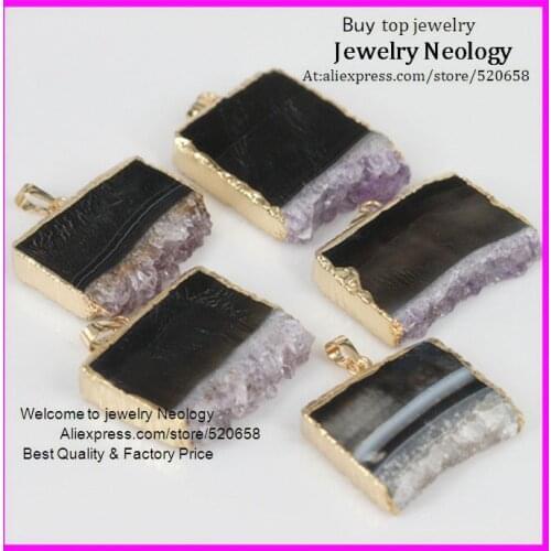 5PCS /LOT Wholesale Natural Druzy Glass Pendant Bead Gem Druzy Stone Gold Color Edge Name Pendant