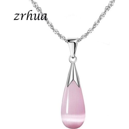 ZRHUA High Quality 925 Sterling Silver Necklace Charms Water Drop Clear Rhinestone Pendent White Pink Crystal Jewelry for Women