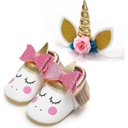 Toddler Adorable Shoes for Baby Infant Girls Newborn Unicorn First Walkers with Headband Birthday 2pcs Set Kids Bow Polka Dot