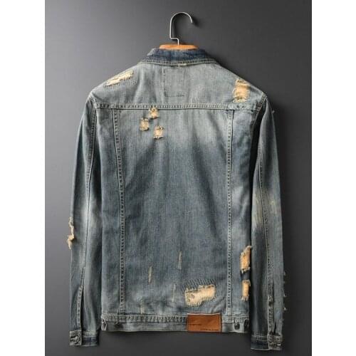 Autumn New Ripped Hole Denim Coat Men Casual Slim Fit Personality Washed Jean Jacket Vintage Blue Long Sleeve Biker Jaqueta