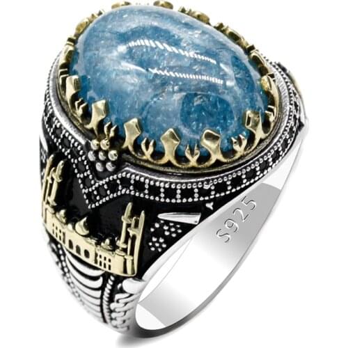 Blue Star Zircon 925 Silver Mens Castle Turkey Constantinople Auspicious Vintage Badge Ring Wedding Gift for Lover